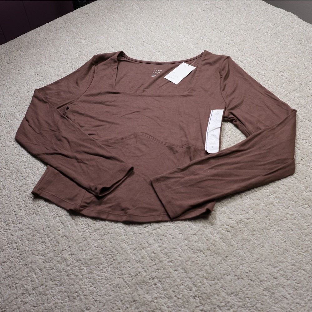 A New Day Womens Long Sleeve Square Neck Corset Seam Top Brown Large NWT